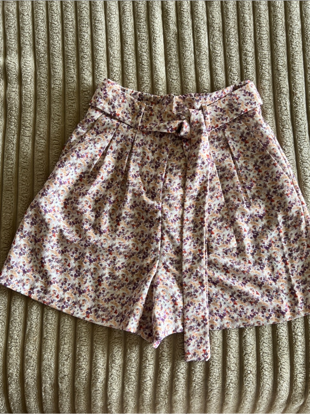 Zara High-Waist Floral Tie-Belt Shorts - Pink, Purple, Cream